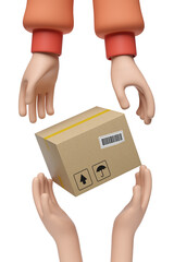 Cartoon hands delivering a delivery box from above and others receiving it from below. 3d illustration.