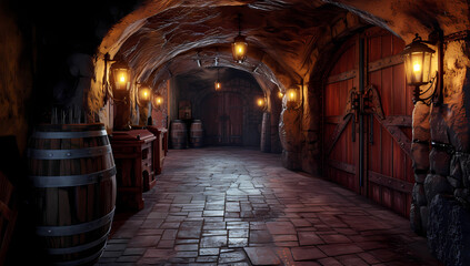 dark hallway with doors and lights in dark cellar