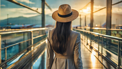 Woman tourist with hat in the airport back view - obrazy, fototapety, plakaty
