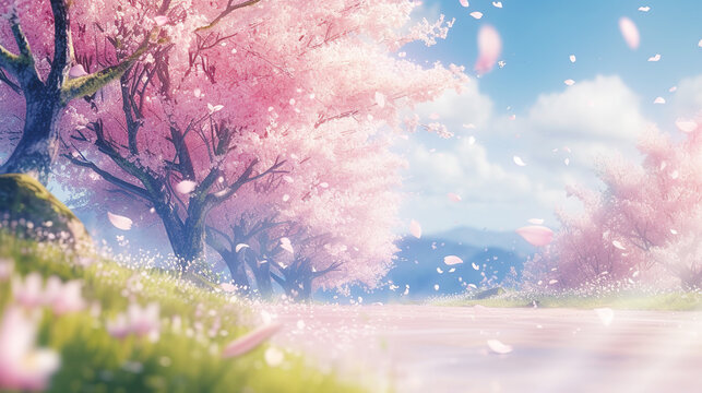 美しい満開の桜並木の道のイラスト背景