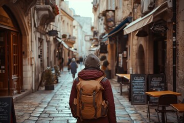 Fototapeta na wymiar Solo Traveler in Historic European City Streets