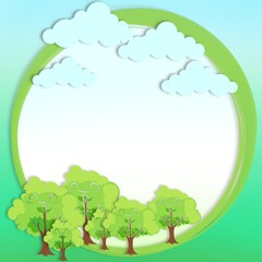 Blue and green gradient background with round frame, tree and clouds. Illustration in cartoon style. 