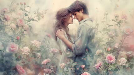 Obraz na płótnie Canvas Romantic Embrace in a Blooming Rose Garden