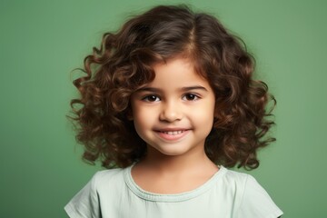 smiling little girl with long curly hair looking at camera over green background