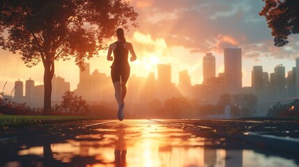Fototapeta premium A woman jogs in an urban park at sunrise, dressed in professional running gear, with the city skyline silhouetted against the glowing morning sun.