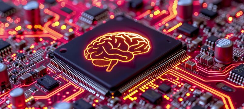 Interactive holographic brain icon on cpu with data security and text placement. - Powered by Adobe