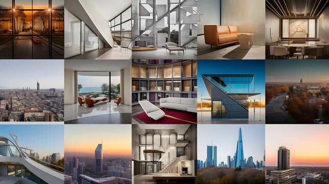 Collage of modern architecture and cityscape. Panoramic photo collage.