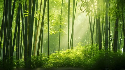 Panoramic view of the green bamboo forest in a sunny day