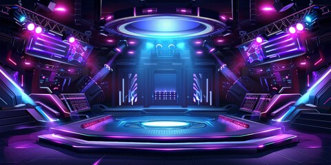 Blue Purple A futuristic control room with holographic displays and a central platform.