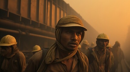 As they maneuver through the dense smog, the faces of workers tell a story of resilience and dedication in an industrial world.