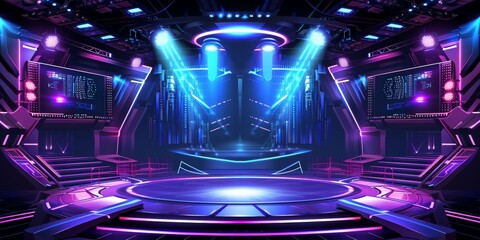 Blue Purple A futuristic control room with holographic displays and a central platform.