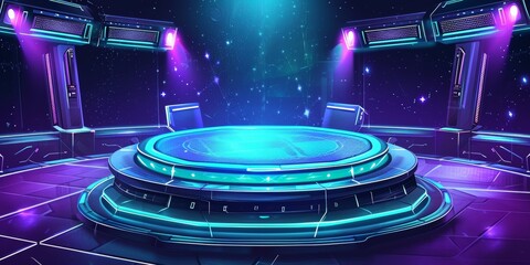 Blue Purple A futuristic control room with holographic displays and a central platform.