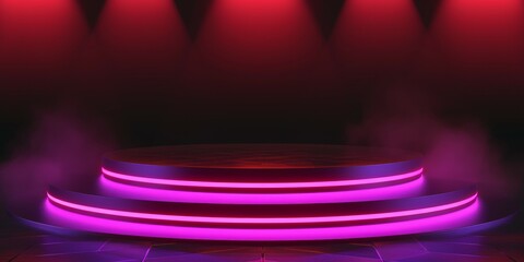 Abstract futuristic dark purple background with empty podium. Illustration with abstract scene with pink neon lamps and floating podium