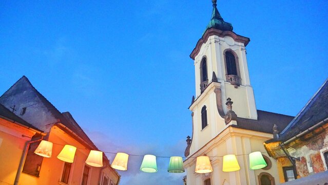 Hungary Szentendre colorful lanterns lights decorations in old town along Rhine river and Danube river
