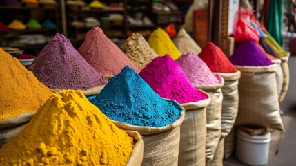 Vibrant Holi Festival Colors in Bags Lined Up for Celebration in India
