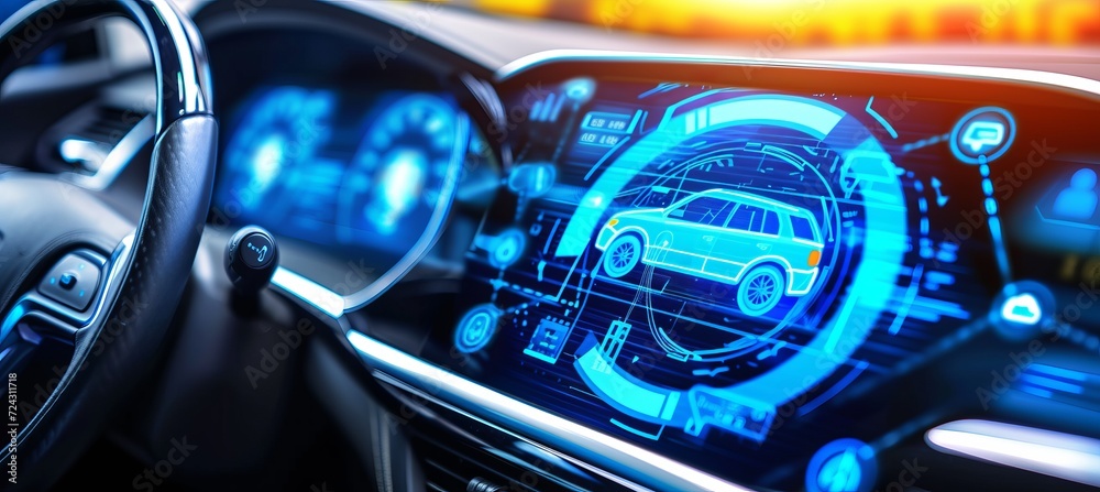 Poster engineer programming autonomous vehicle with machine learning, holographic elements