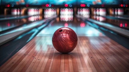 Bowling Ball on Bowling Alley Line - obrazy, fototapety, plakaty