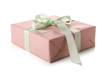 Pink gift box with green bow on white background. International Women's Day