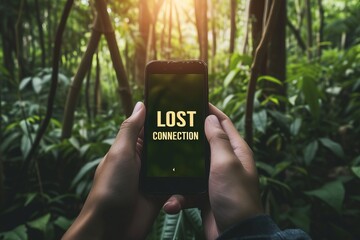 Interactive holographic  lost connection  text icon shining over mobile phone in hands