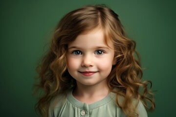 Cute little girl with long curly hair. Studio shot over dark green background.