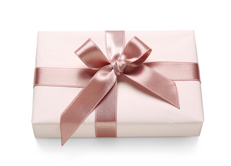 Gift box with pink bow on white background. International Women's Day