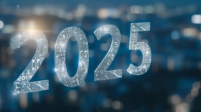 Futuristic holographic 2025 number on dark techno background with interactive display and lighting