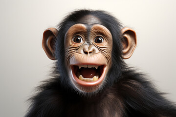 Fototapeta premium Adorable 3D cartoon smiling chimpanzee close-up portrait on a white background.