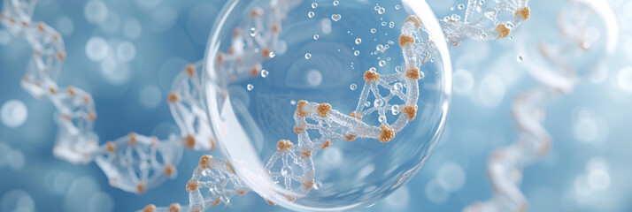 Molecule and DNA strands encapsulated within a bubble against a serene blue backdrop, symbolizing the frontier of skin care science - obrazy, fototapety, plakaty