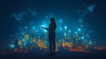 Silhouette of a person using a tablet with a futuristic smart city and network icons overlaying the urban skyline at night.
