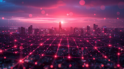 Obraz premium A breathtaking view of a city at sunset with a digital network grid overlay, symbolizing connectivity and data networks. 