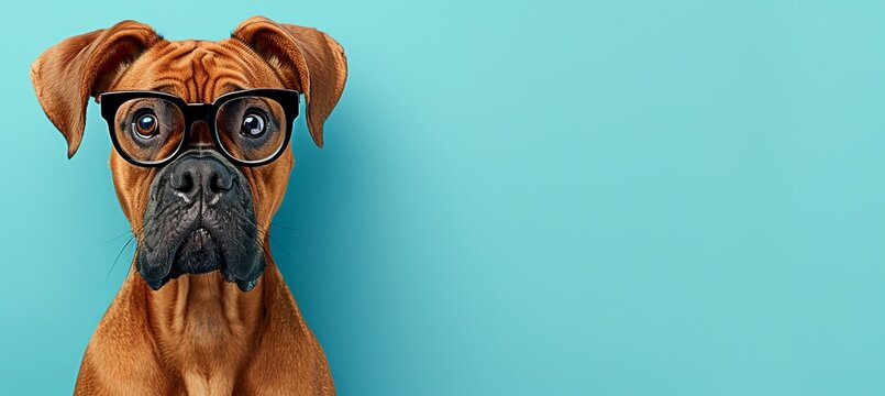 Stylish dog wearing oversized glasses, isolated on grey background with space for text