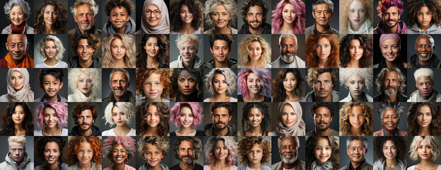 Collage with many diverse multiethnic people. Different young and old people group headshots