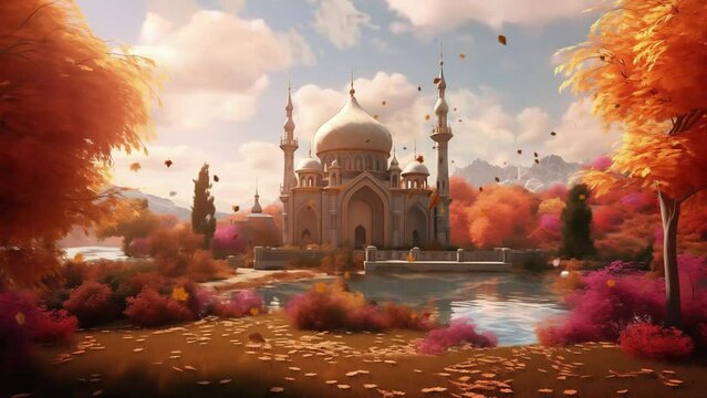 Rustic Charm A 3D Masterpiece Featuring a Mosque Set. seamless looping overlay 4k virtual video animation background 
