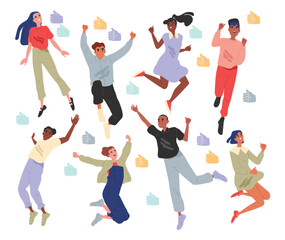 Set of happy jumping people. Young cheerful men and women celebrating success and expressing positive emotions. Active funny characters. Cartoon flat vector collection isolated on white background