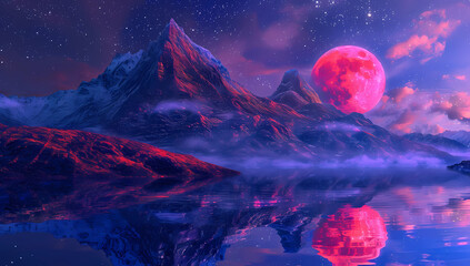 purple stars on a mountain with red moon