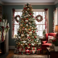 Fototapeta na wymiar Christmas tree in the living room with gifts. 3d rendering.