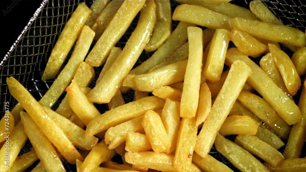 Sticker French fries are deep-fried in oil. Filmed on a high-speed camera at 1000 fps. High quality FullHD footage