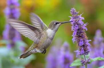 Fototapeta premium a_hummingbird_flying_in_to_the_purple_flower