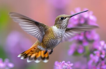 Fototapeta premium a_hummingbird_flying_in_to_the_purple_flower