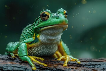 green_frog_standing_on_a_log_near_some_small_pond