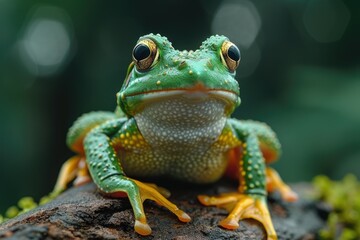green_frog_standing_on_a_log_near_some_small_pond