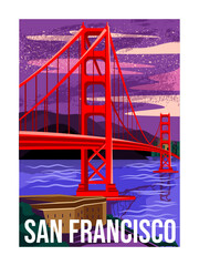 Travel Destination Poster. Postcard with famous tourist attraction of San Francisco. Golden Gate. International holiday or journey. Cartoon flat vector illustration isolated on white background