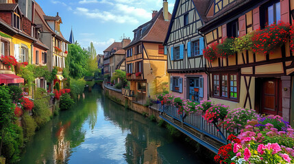 Fototapeta premium Charming medieval town with canals, picturesque houses, and historic architecture
