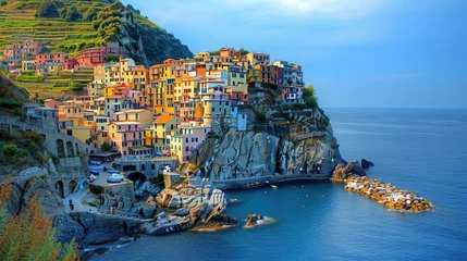 Rolgordijnen Mediterranean Coastal Townscape with Rocky Cliffs and Vibrant Architecture overlooking the Sea and Summer Sky © Jeeraphat