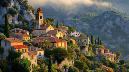 Scenic European cityscape featuring, with medieval architecture nestled amidst green mountains,...