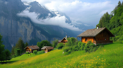 Village Nestled in Idyllic Mountain Landscape with Cows, Chalet, and Lush Green Surroundings under a Summer Sky