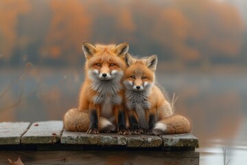 two_mated_red_foxes_sitting_on_a_wooden_jetty
