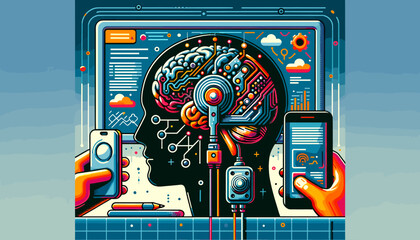 Brain with small electronic device embedded concept image. Vector illustration.