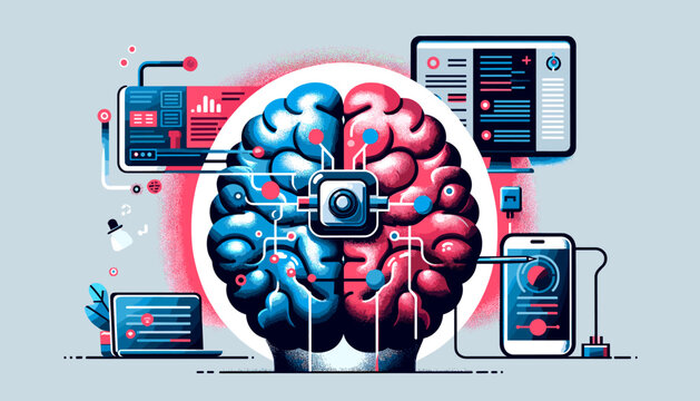 Brain with small electronic device embedded concept image. Vector illustration.