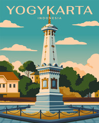 Poster with Tugu Yogyakarta. Landscape with famous tourist architectural landmark of Indonesia. Journey in Asia. Popular travel destination for summer vacation. Cartoon flat vector illustration
